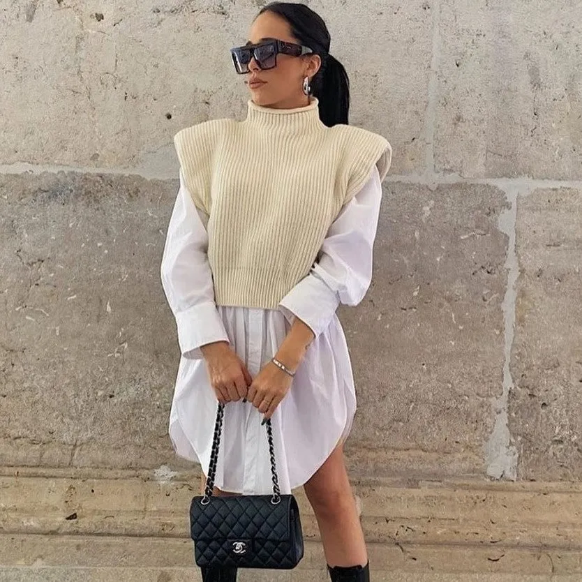 High-collared Shoulder Padded Pads Sleeveless Sweater