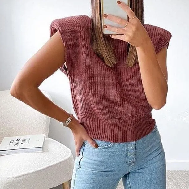 High-collared Shoulder Padded Pads Sleeveless Sweater