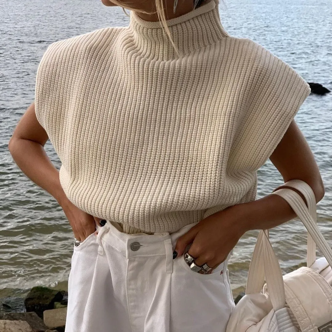 High-collared Shoulder Padded Pads Sleeveless Sweater