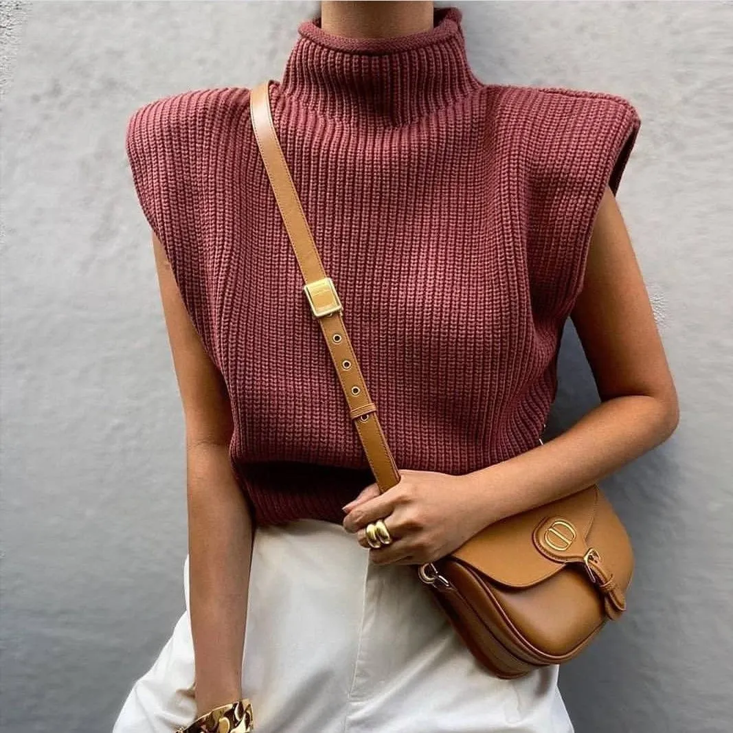 High-collared Shoulder Padded Pads Sleeveless Sweater