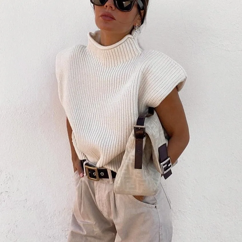 High-collared Shoulder Padded Pads Sleeveless Sweater