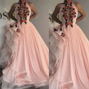 high neck pink ball gown prom dresses 2020 dotted tulle embroidery appliqué elegant prom gown