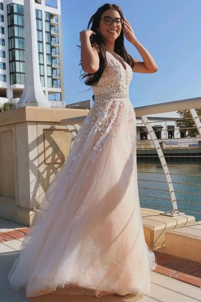 Hot Pink Lace Prom Dresses V Neck Long A Line Evening Gown with Belt