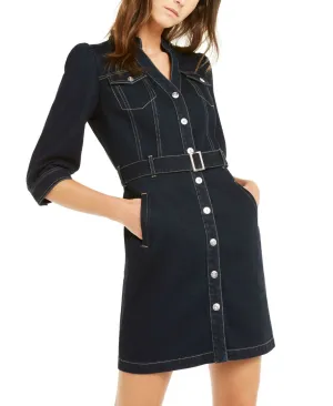INC International Concepts Women's Belted 3/4 Sleeve Denim Shirt Dress
