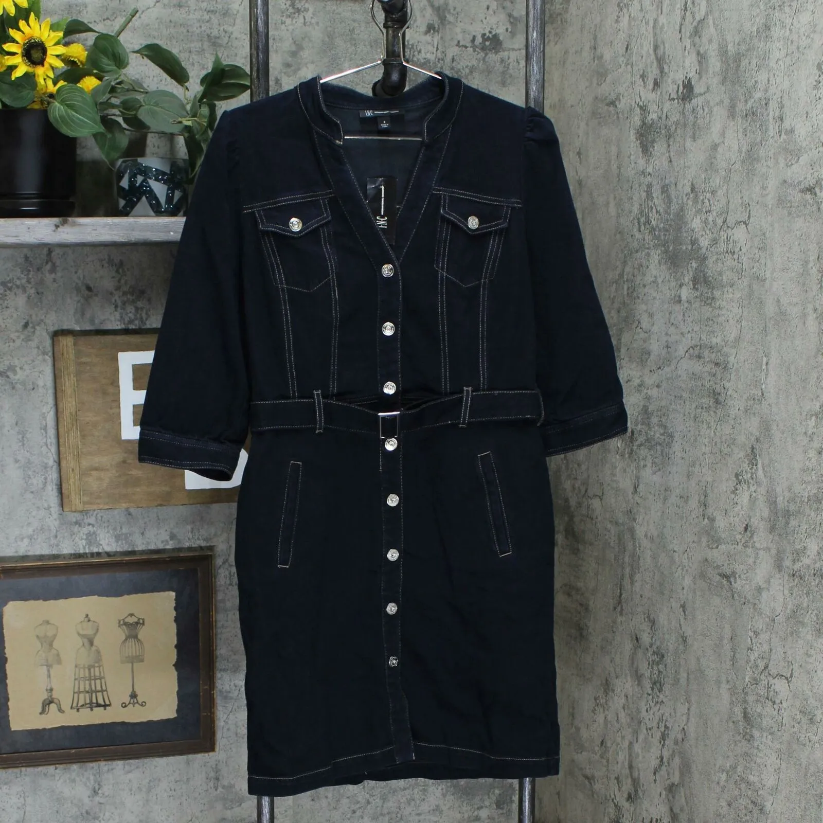 INC International Concepts Women's Belted 3/4 Sleeve Denim Shirt Dress