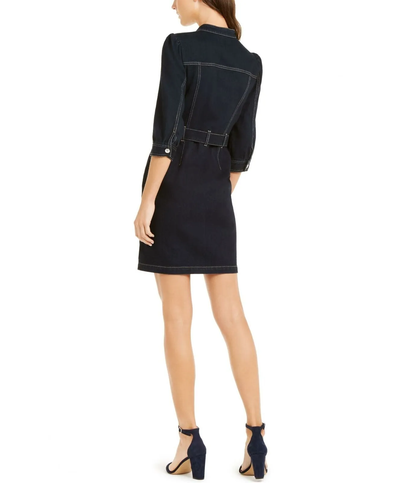INC International Concepts Women's Belted 3/4 Sleeve Denim Shirt Dress