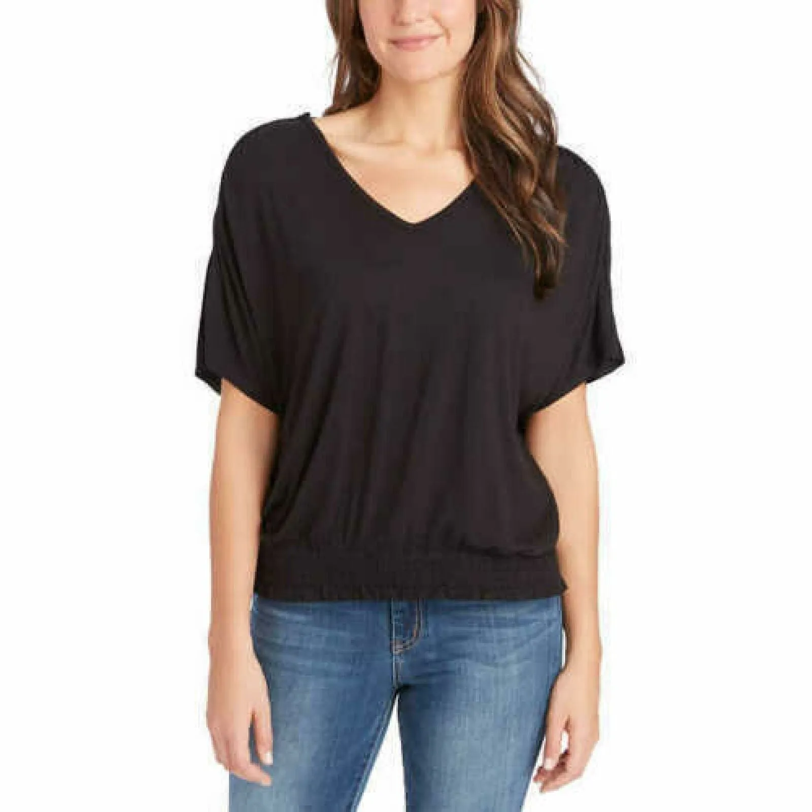 Jessica Simpson Women's Esther Ruched Bottom Short Sleeve T-Shirt Black Large