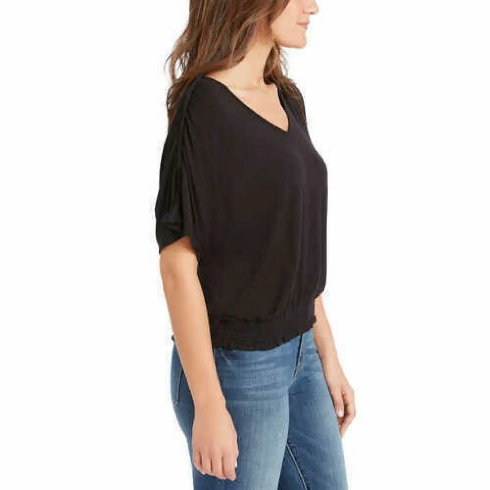 Jessica Simpson Women's Esther Ruched Bottom Short Sleeve T-Shirt Black Large