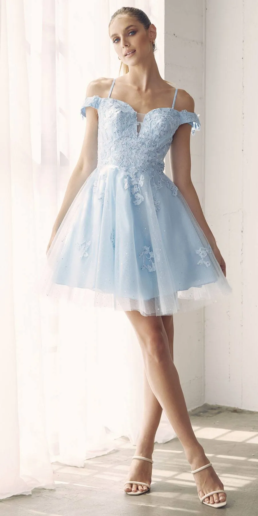 Juliet 866 Leaf Lace Embroidered Off The Shoulder Short Dress