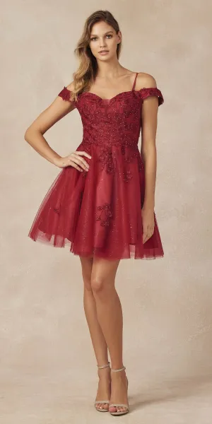 Juliet 866 Leaf Lace Embroidered Off The Shoulder Short Dress
