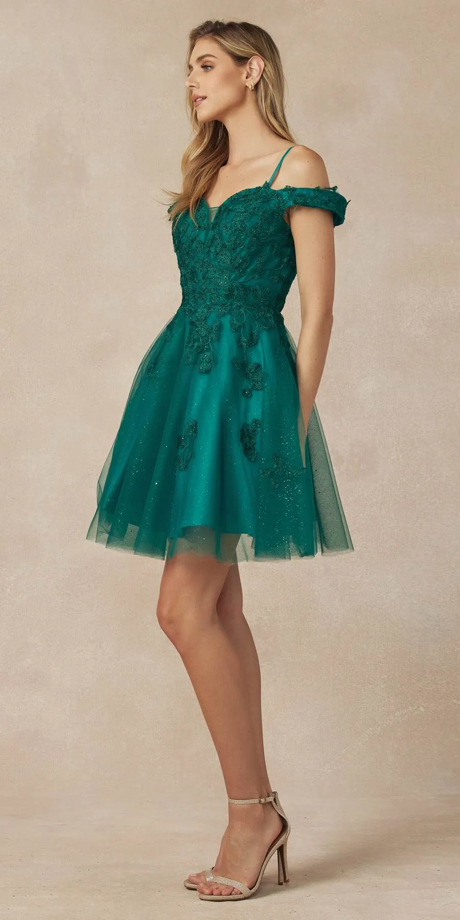 Juliet 866 Leaf Lace Embroidered Off The Shoulder Short Dress