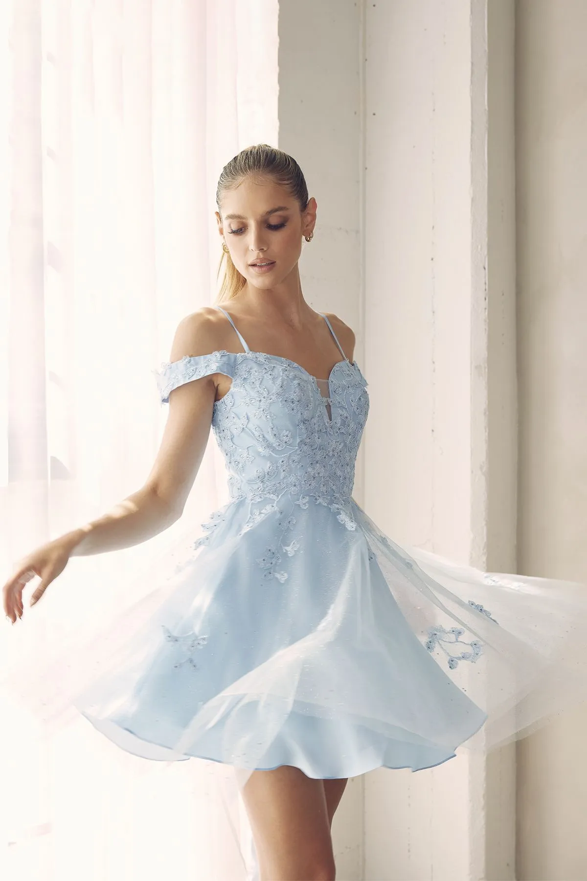 Juliet 866 Leaf Lace Embroidered Off The Shoulder Short Dress