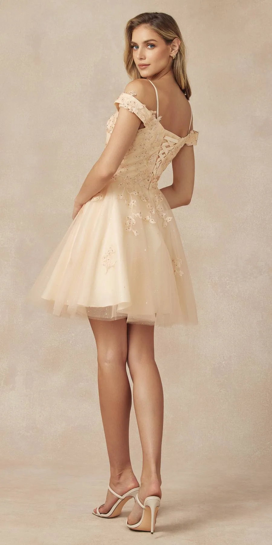 Juliet 866 Leaf Lace Embroidered Off The Shoulder Short Dress