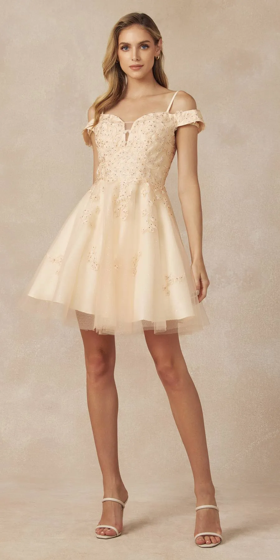 Juliet 866 Leaf Lace Embroidered Off The Shoulder Short Dress
