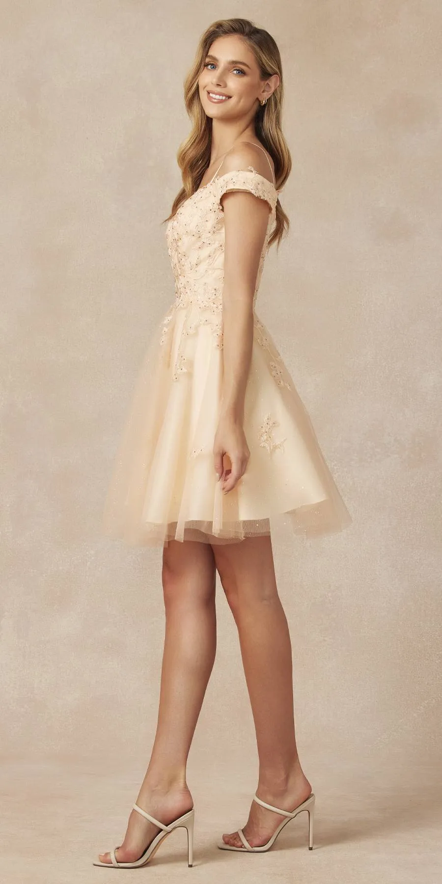 Juliet 866 Leaf Lace Embroidered Off The Shoulder Short Dress