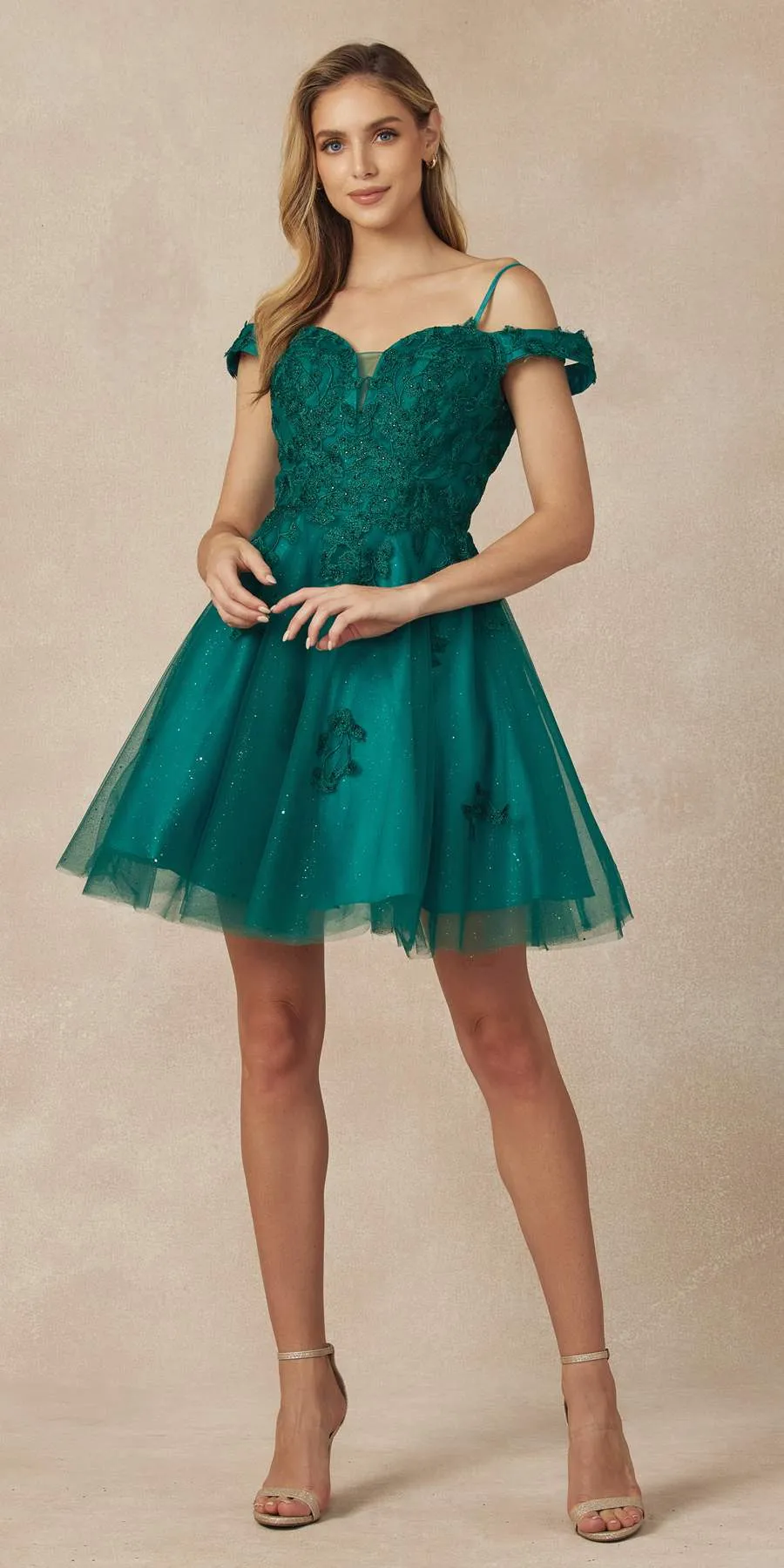 Juliet 866 Leaf Lace Embroidered Off The Shoulder Short Dress