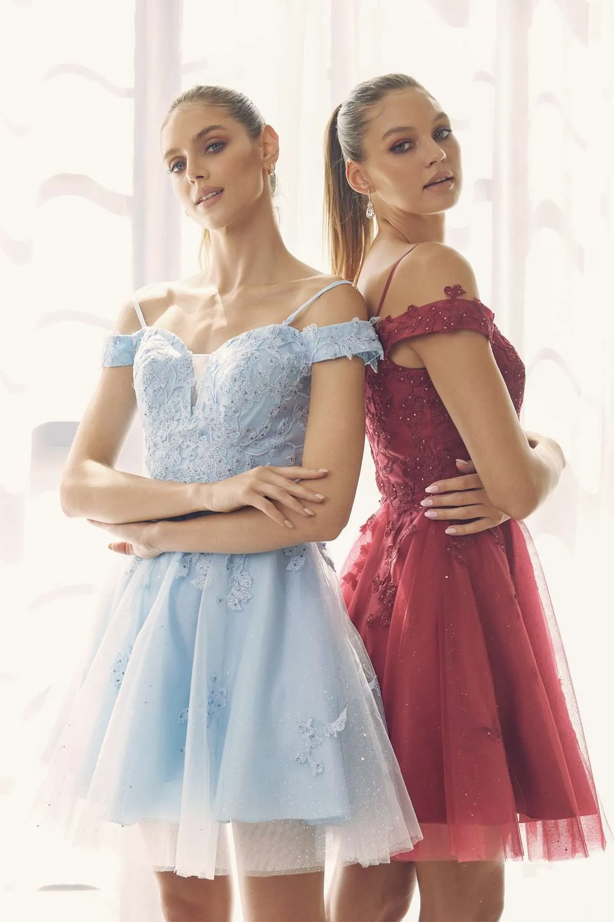 Juliet 866 Leaf Lace Embroidered Off The Shoulder Short Dress