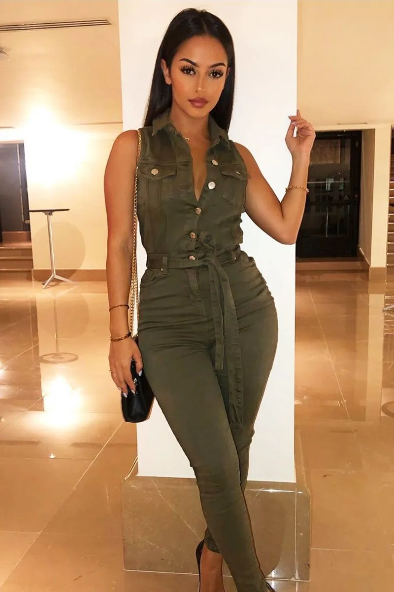 Khaki Button Front Sleeveless Jumpsuit - Faven