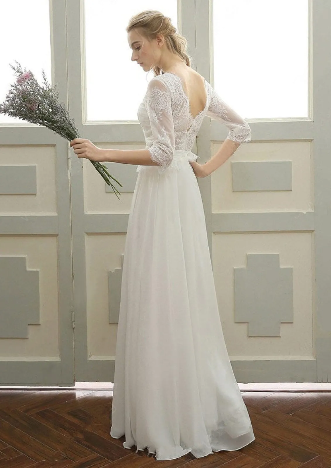 Lace Half Sleeve Chiffon Wedding Dress A-Line Bateau Floor-Length, Pleats