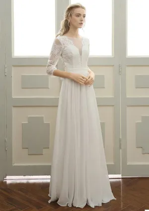 Lace Half Sleeve Chiffon Wedding Dress A-Line Bateau Floor-Length, Pleats