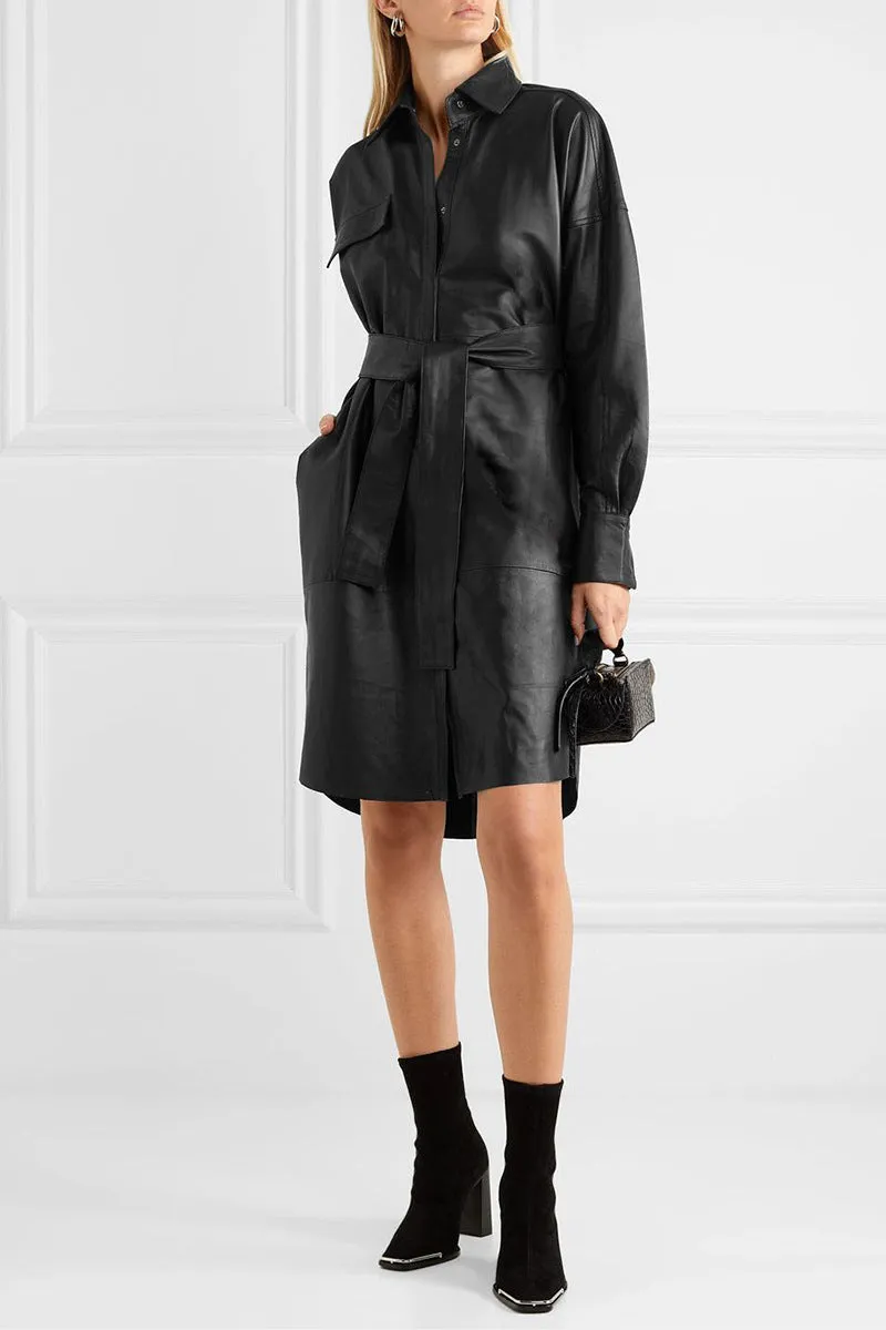 Lapel Collar Leather Single-breasted Outerwear Belted Coat