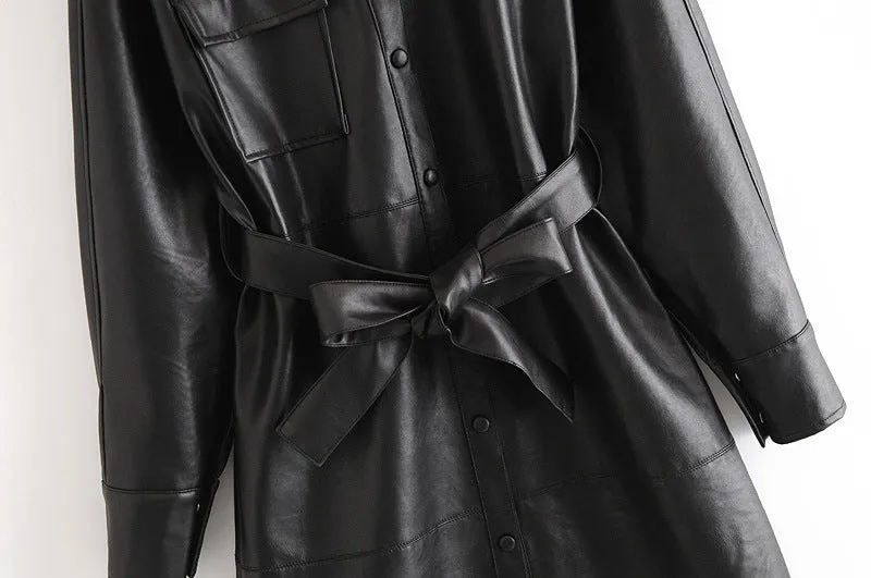 Lapel Collar Leather Single-breasted Outerwear Belted Coat