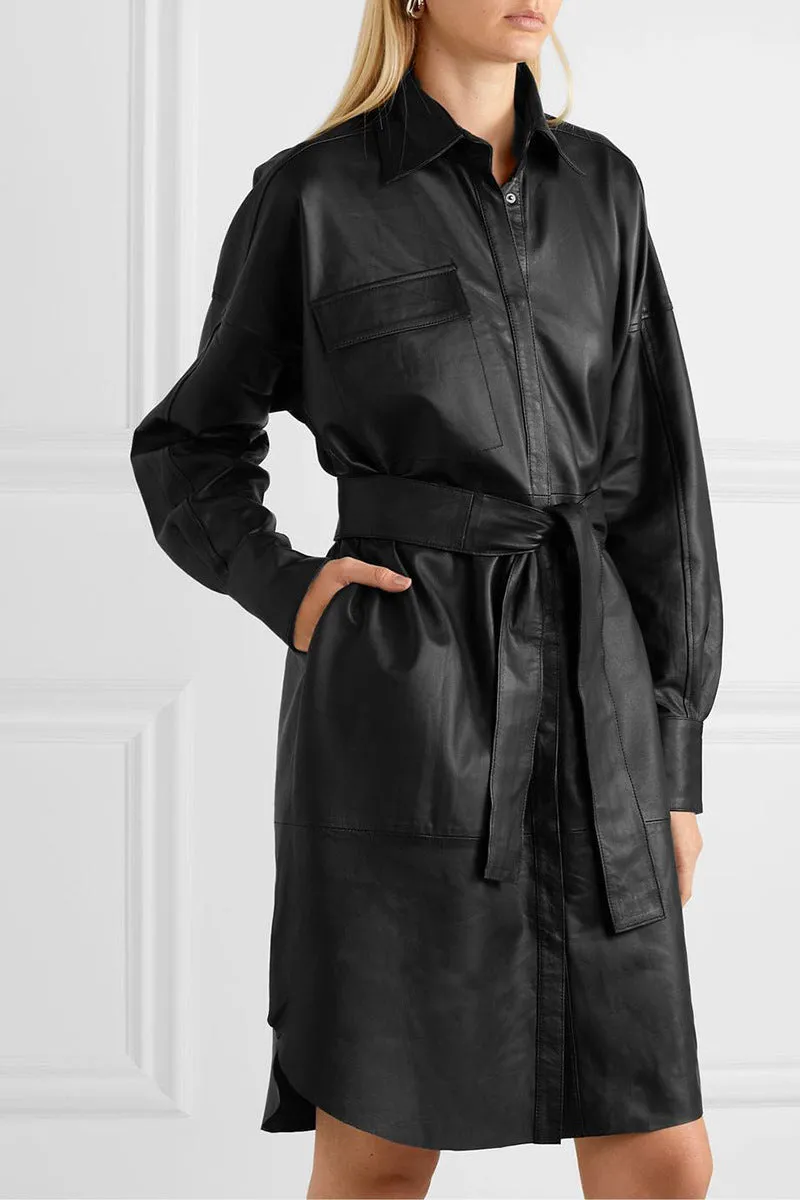 Lapel Collar Leather Single-breasted Outerwear Belted Coat