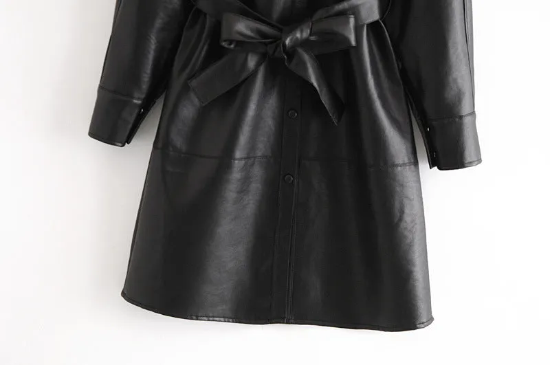 Lapel Collar Leather Single-breasted Outerwear Belted Coat