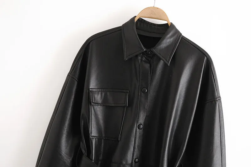 Lapel Collar Leather Single-breasted Outerwear Belted Coat