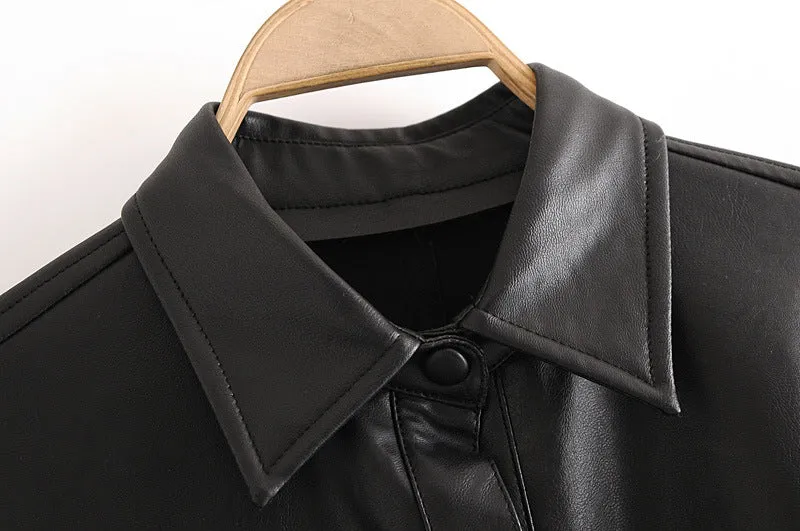 Lapel Collar Leather Single-breasted Outerwear Belted Coat