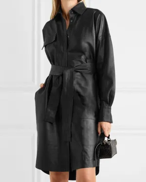 Lapel Collar Leather Single-breasted Outerwear Belted Coat