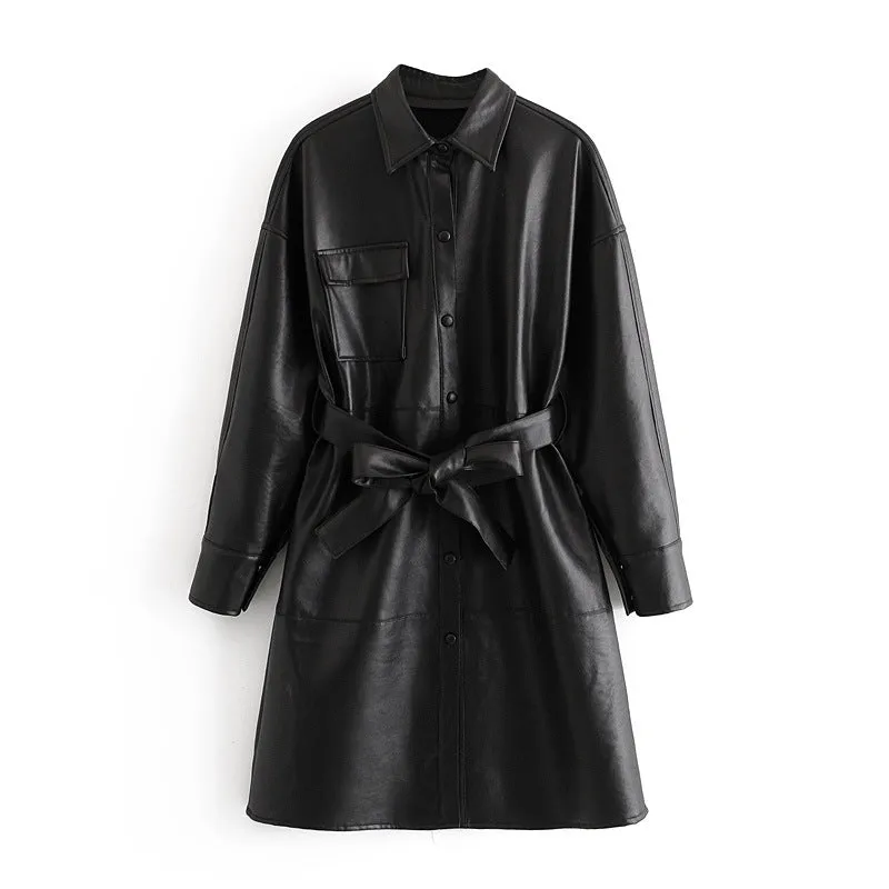 Lapel Collar Leather Single-breasted Outerwear Belted Coat