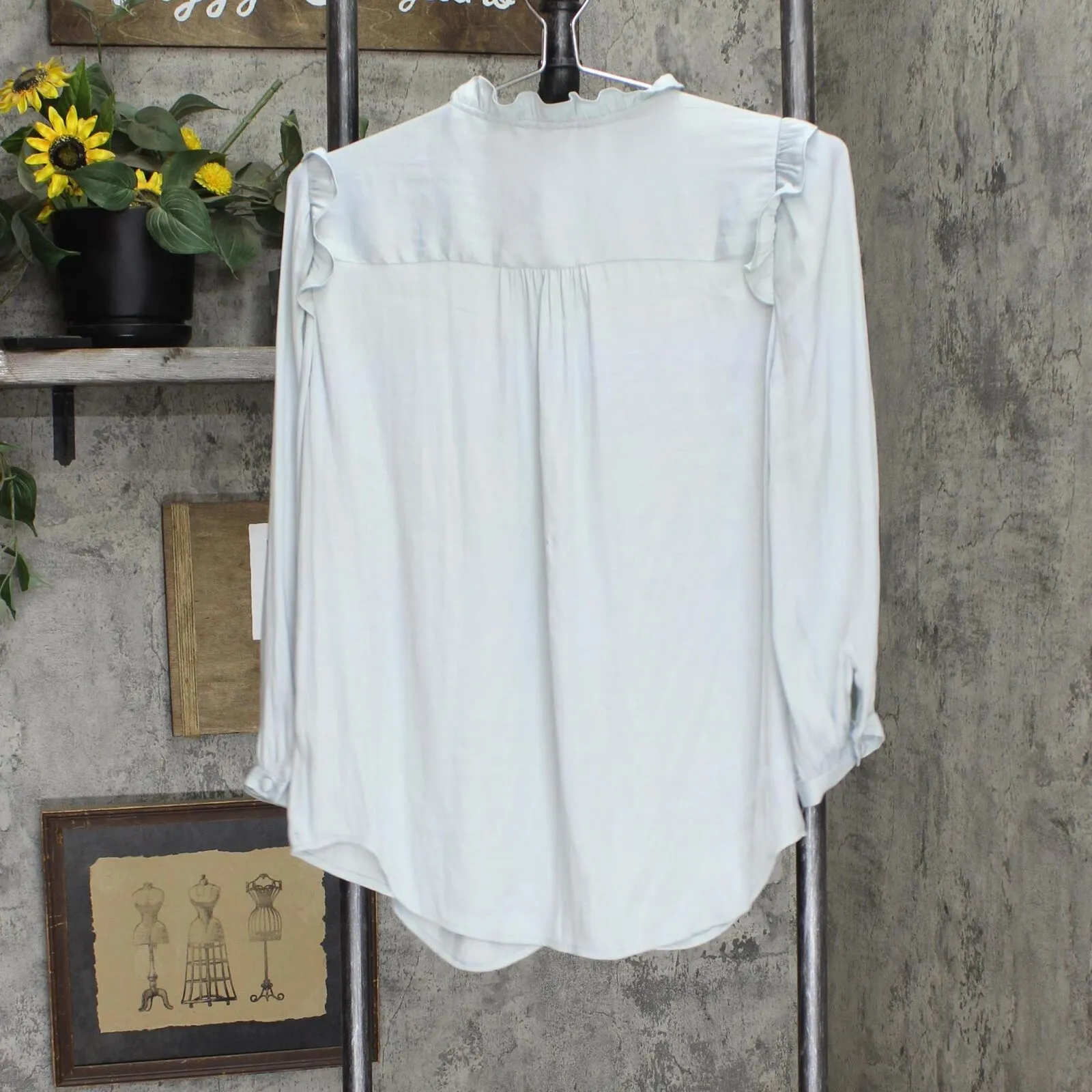 Lc Lauren Conrad Women's Button Front Ruffle Blouse WL94W042RS Oyster Bay Blue M