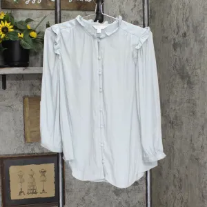 Lc Lauren Conrad Women's Button Front Ruffle Blouse WL94W042RS Oyster Bay Blue M
