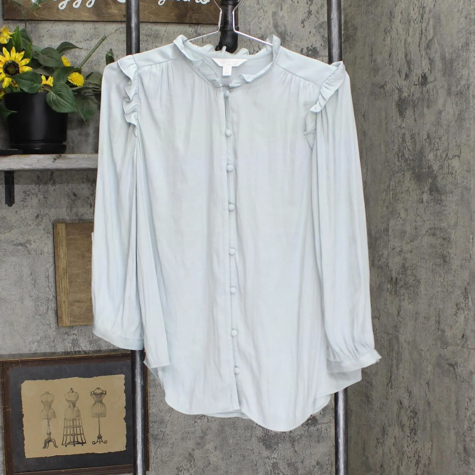 Lc Lauren Conrad Women's Button Front Ruffle Blouse WL94W042RS Oyster Bay Blue M