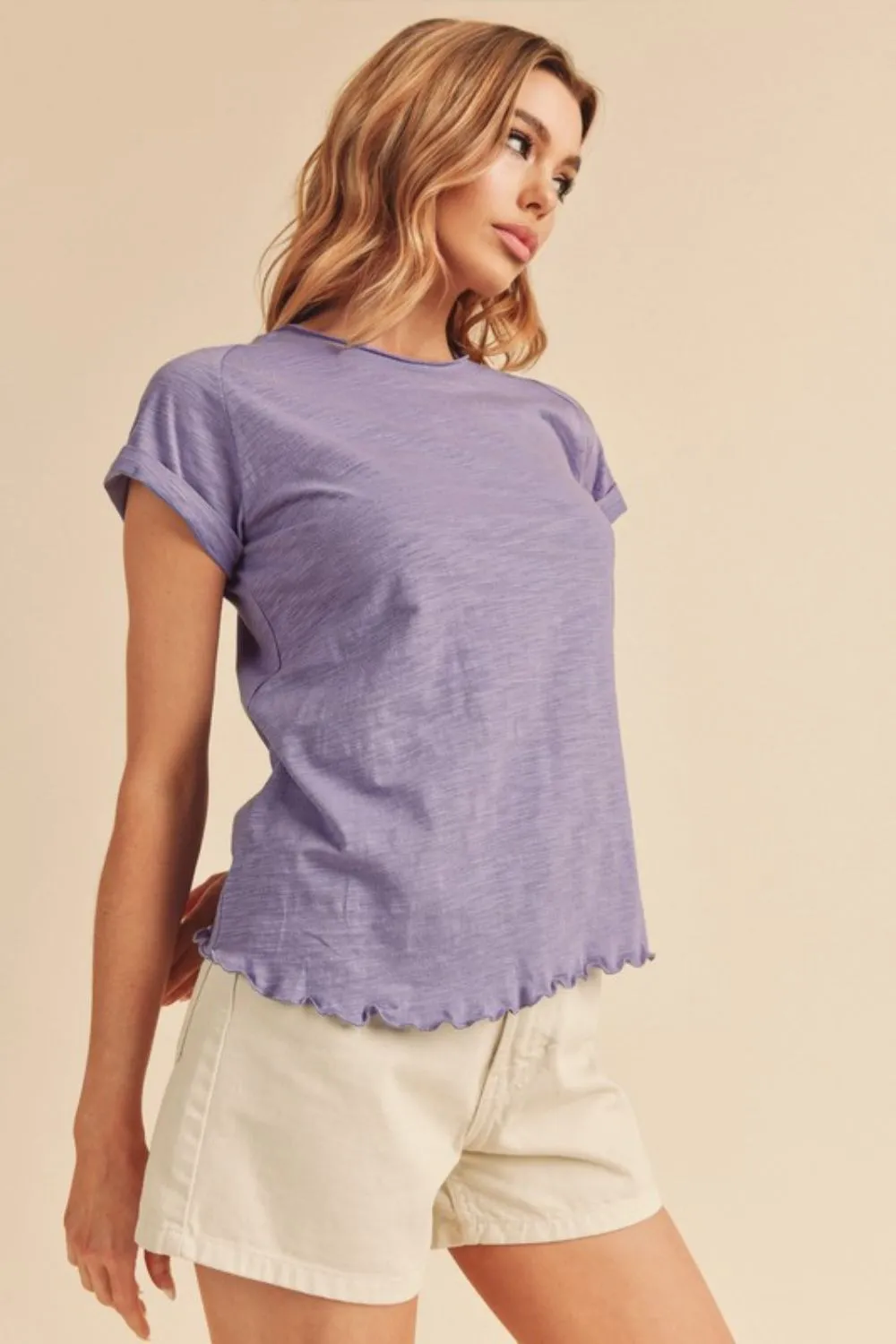 Lettuce Edge Round Neck Short Sleeve Lilac T-Shirt