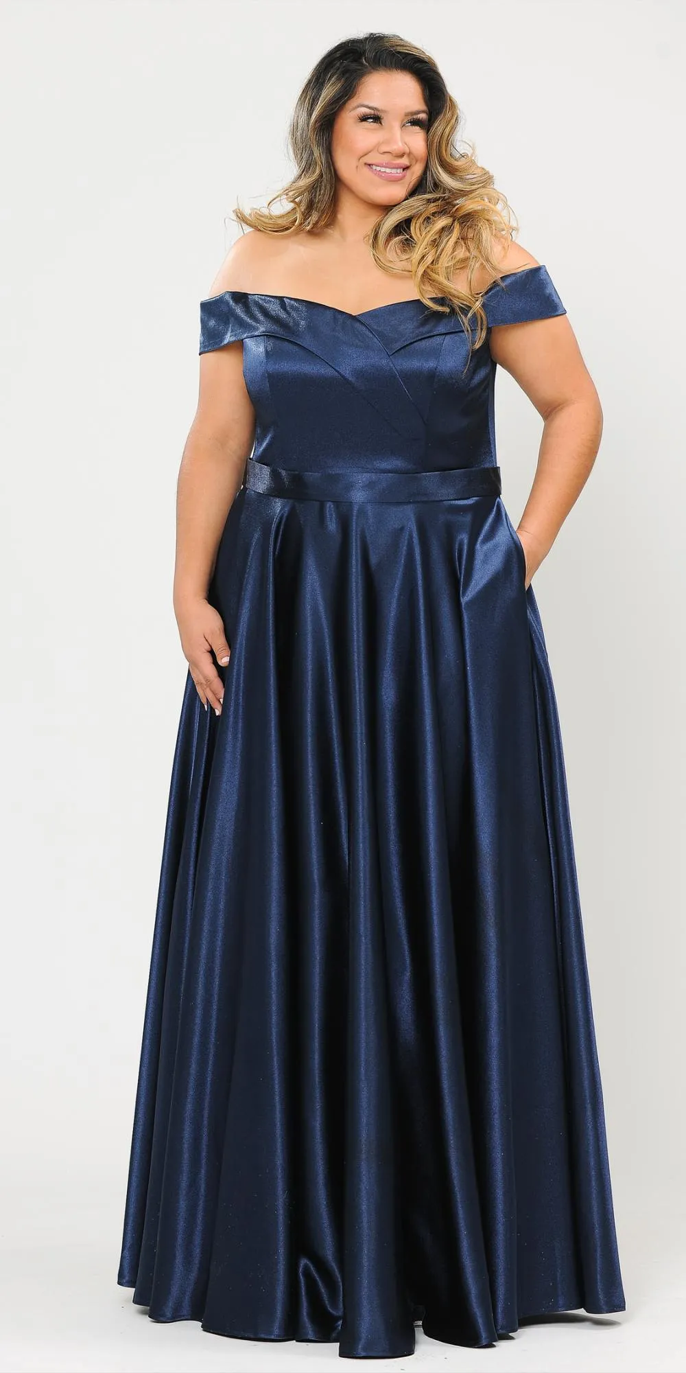 Lindas W1058 Off the Shoulder Floor Length Shinny Dress with Pocket