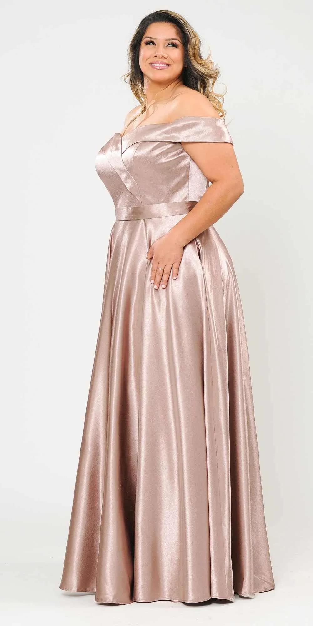 Lindas W1058 Off the Shoulder Floor Length Shinny Dress with Pocket