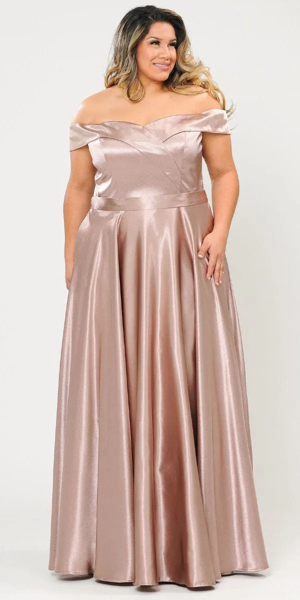 Lindas W1058 Off the Shoulder Floor Length Shinny Dress with Pocket