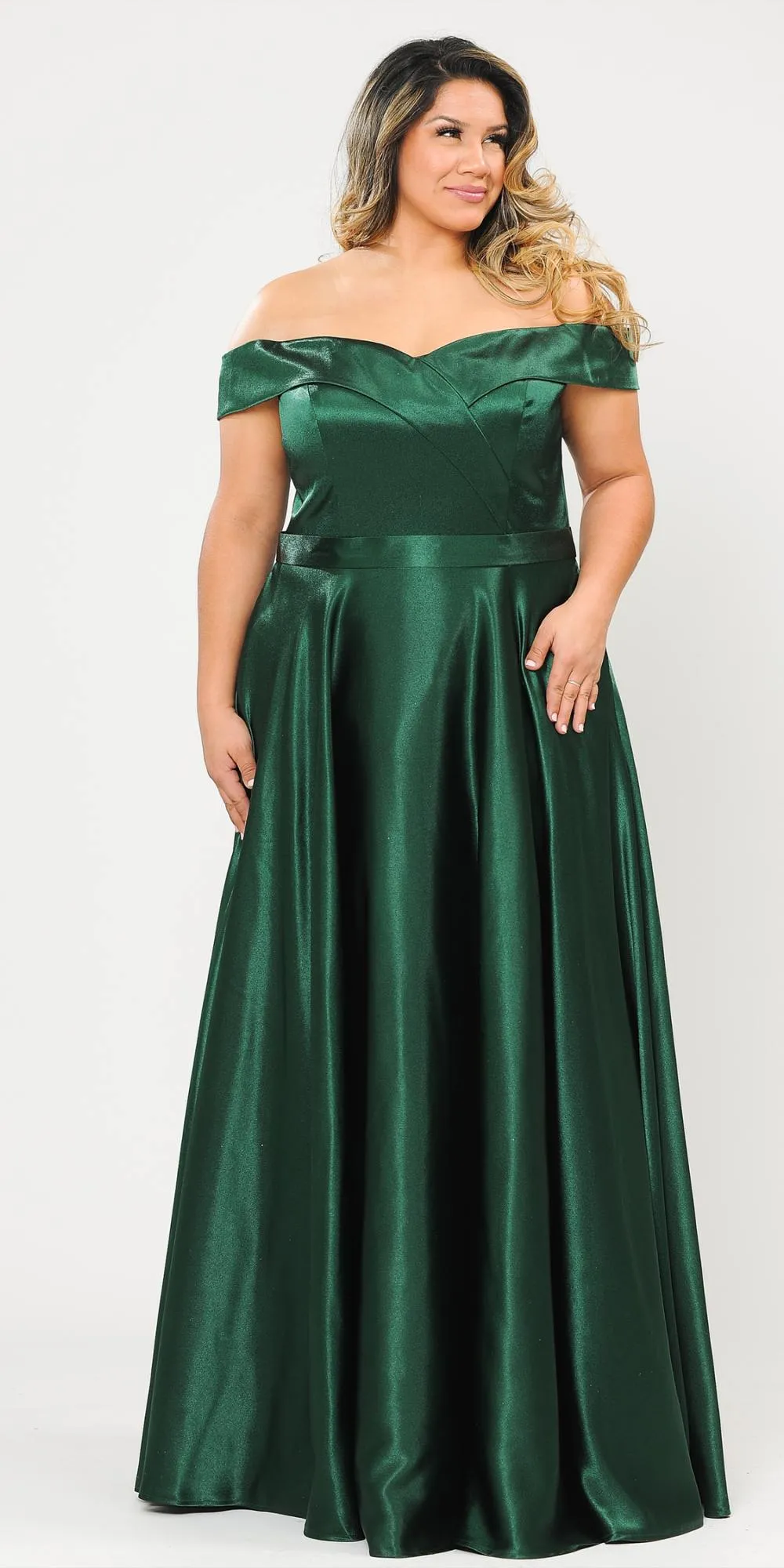 Lindas W1058 Off the Shoulder Floor Length Shinny Dress with Pocket