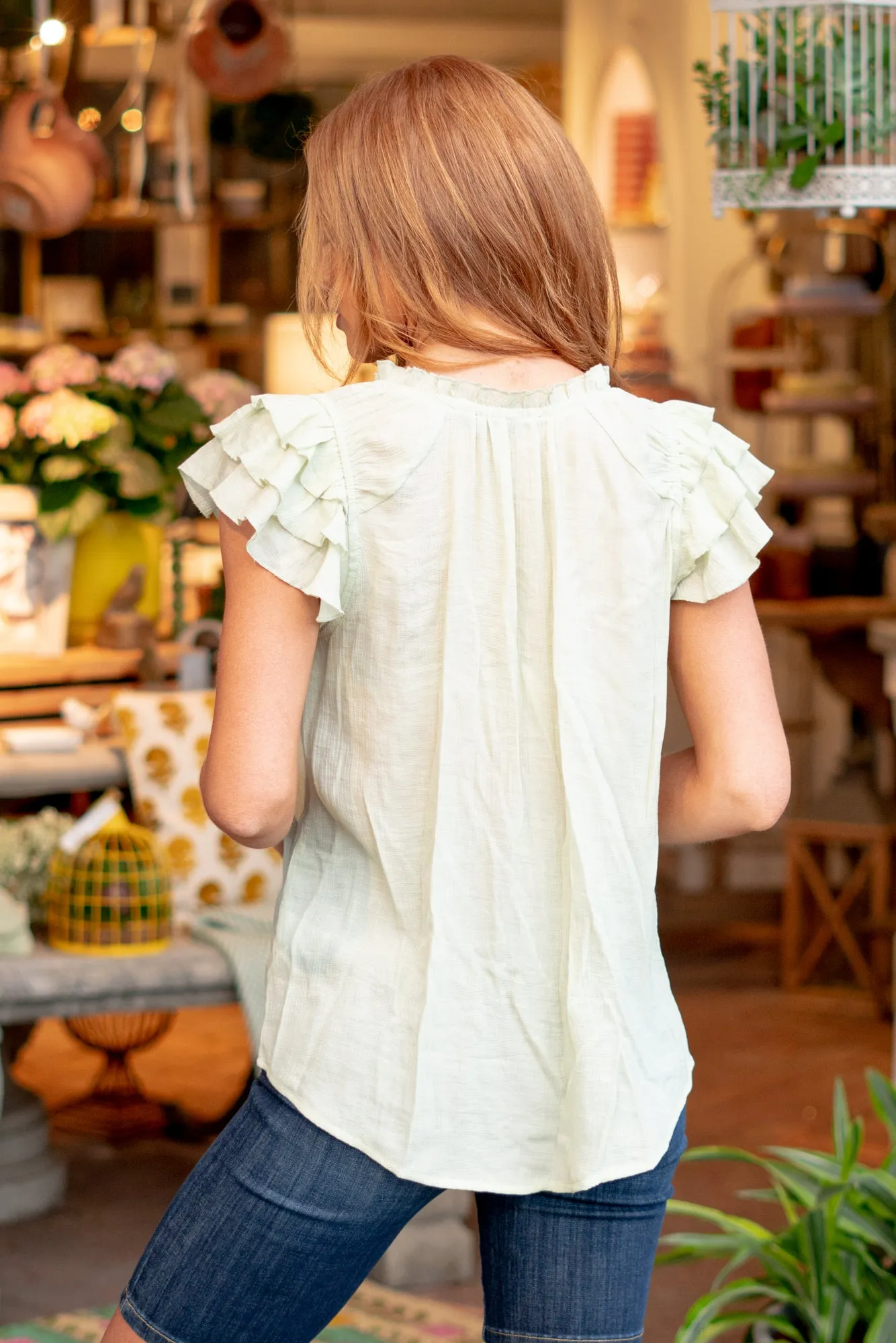 Logan Ruffled Sleeve Top - Celery