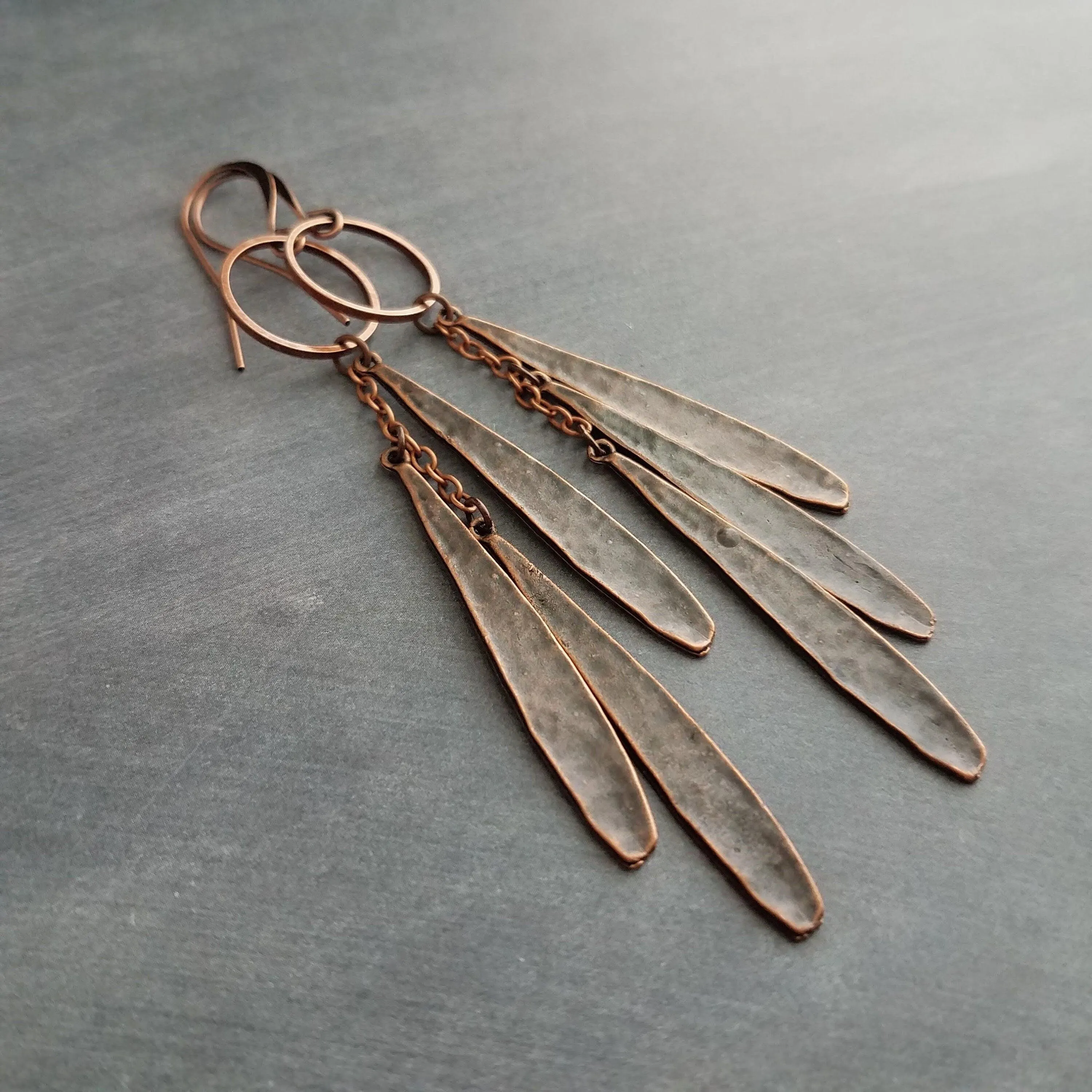 Long Boho Earrings, long copper earring, open circle earrings, 4 inch earrings, extra long earring, tribal dangles, antique copper earrings