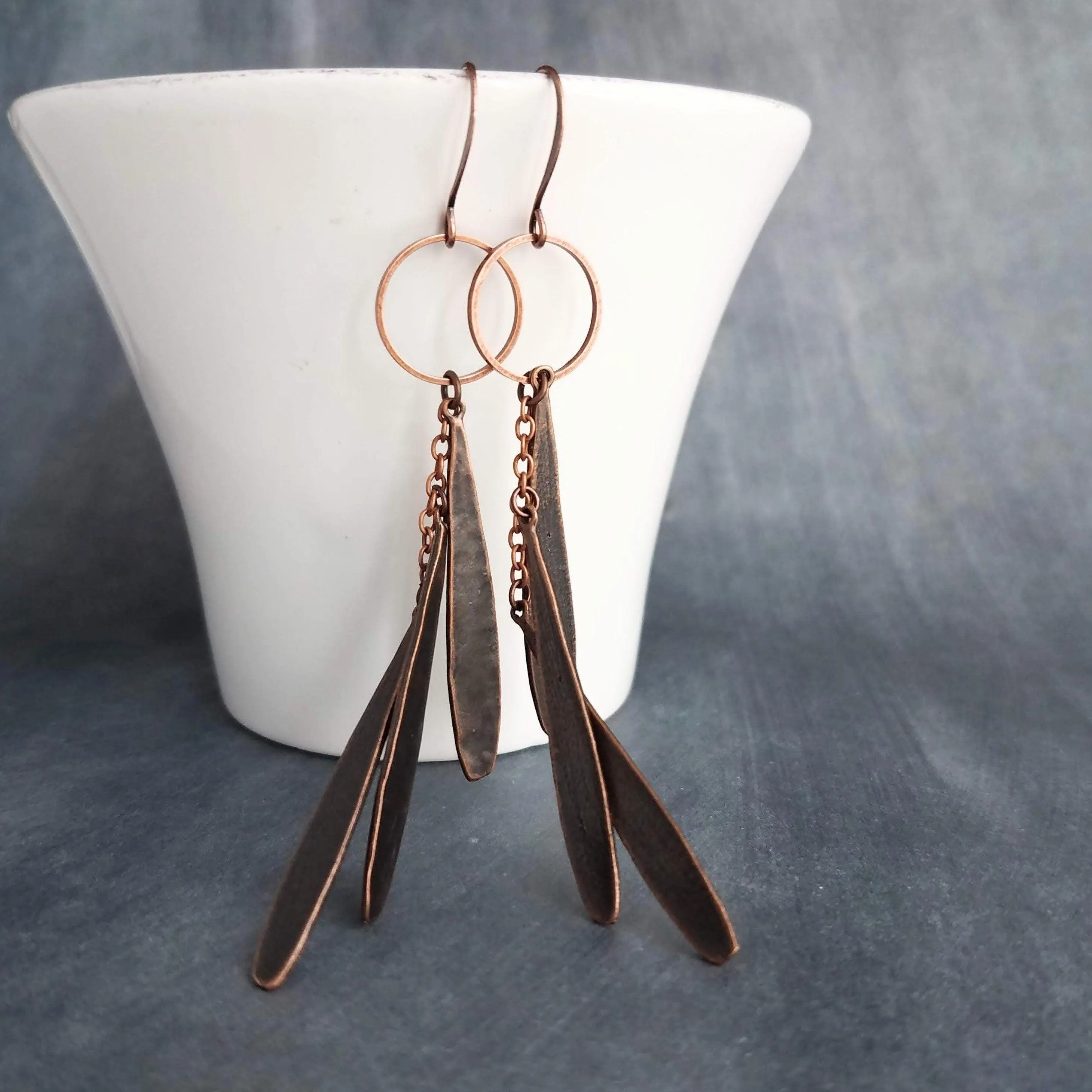 Long Boho Earrings, long copper earring, open circle earrings, 4 inch earrings, extra long earring, tribal dangles, antique copper earrings