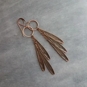Long Boho Earrings, long copper earring, open circle earrings, 4 inch earrings, extra long earring, tribal dangles, antique copper earrings