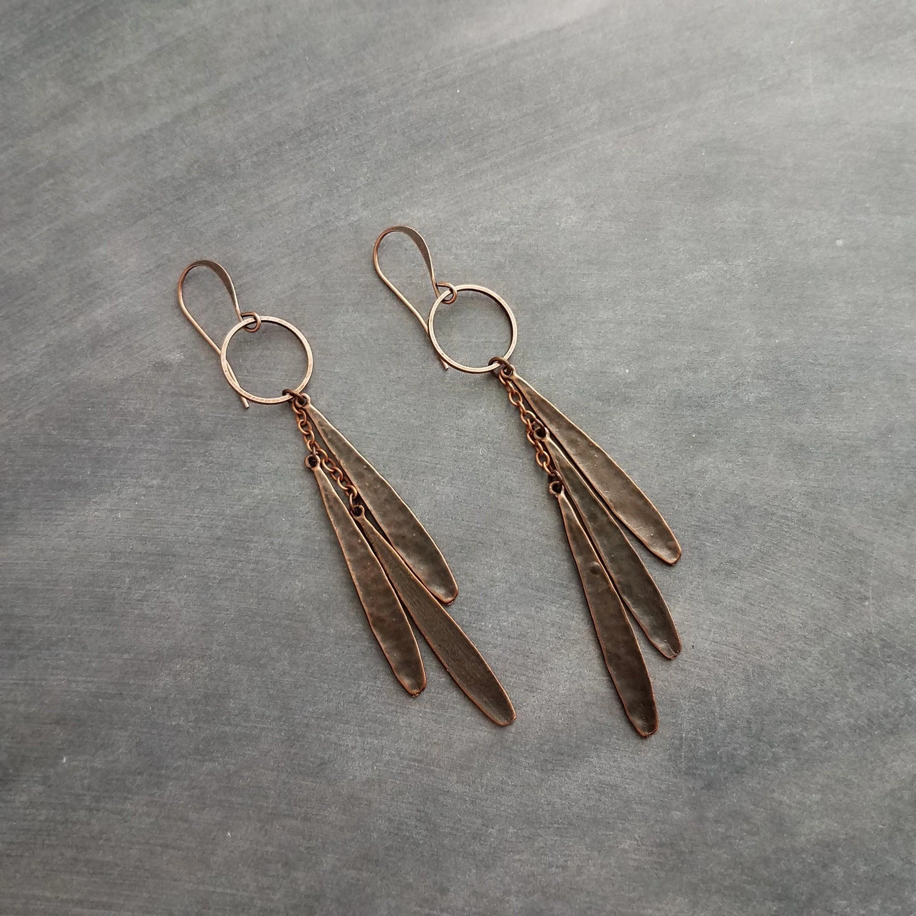 Long Boho Earrings, long copper earring, open circle earrings, 4 inch earrings, extra long earring, tribal dangles, antique copper earrings