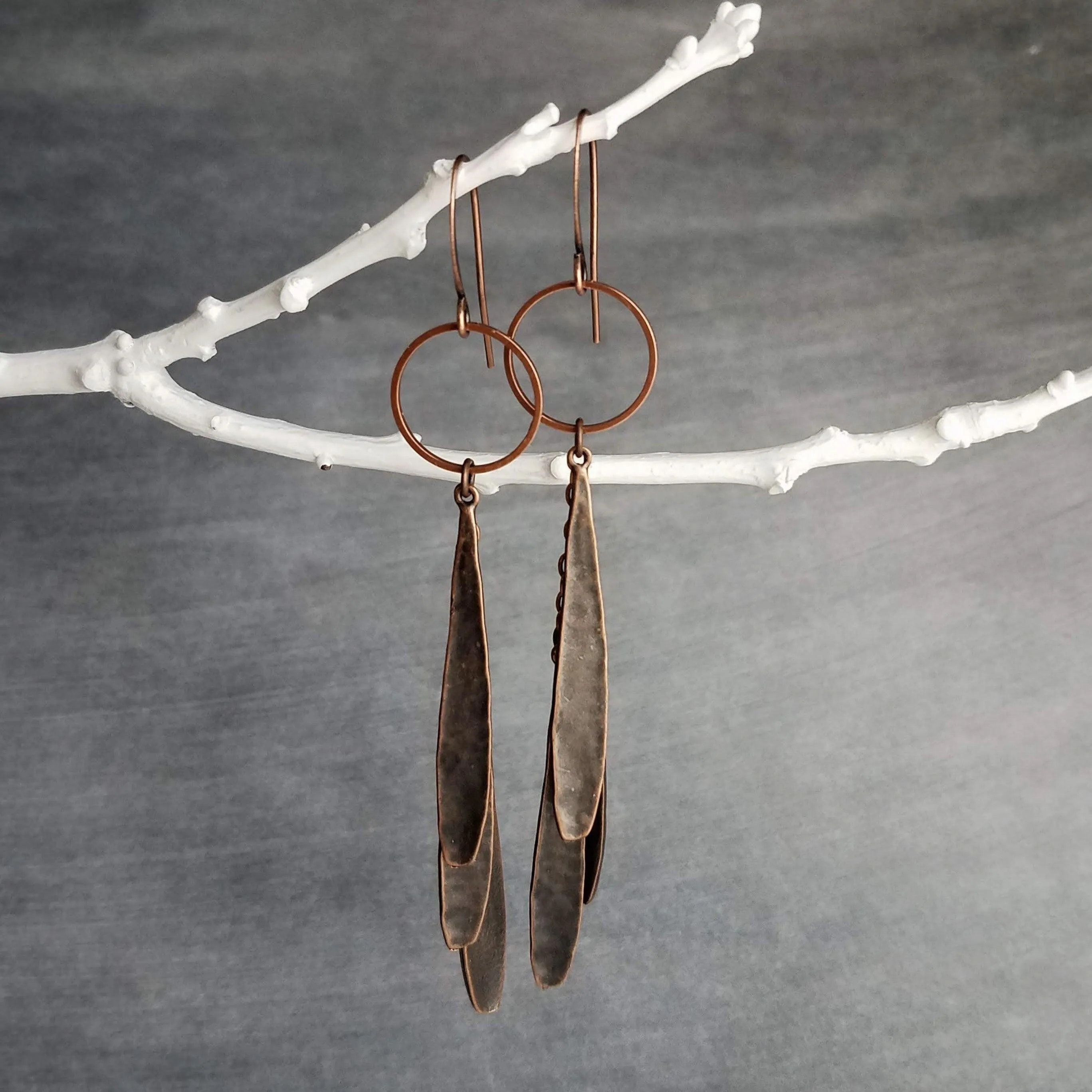Long Boho Earrings, long copper earring, open circle earrings, 4 inch earrings, extra long earring, tribal dangles, antique copper earrings