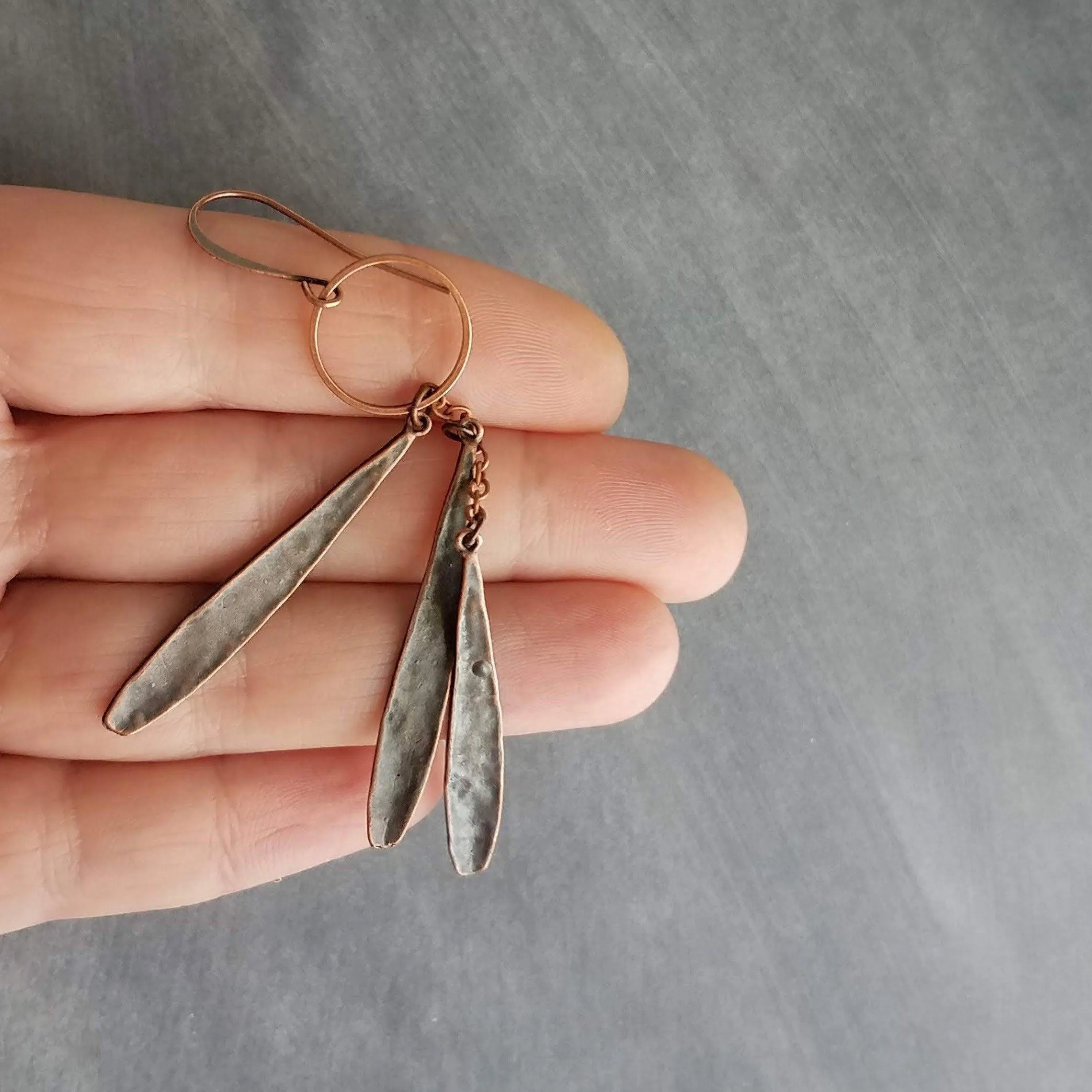 Long Boho Earrings, long copper earring, open circle earrings, 4 inch earrings, extra long earring, tribal dangles, antique copper earrings
