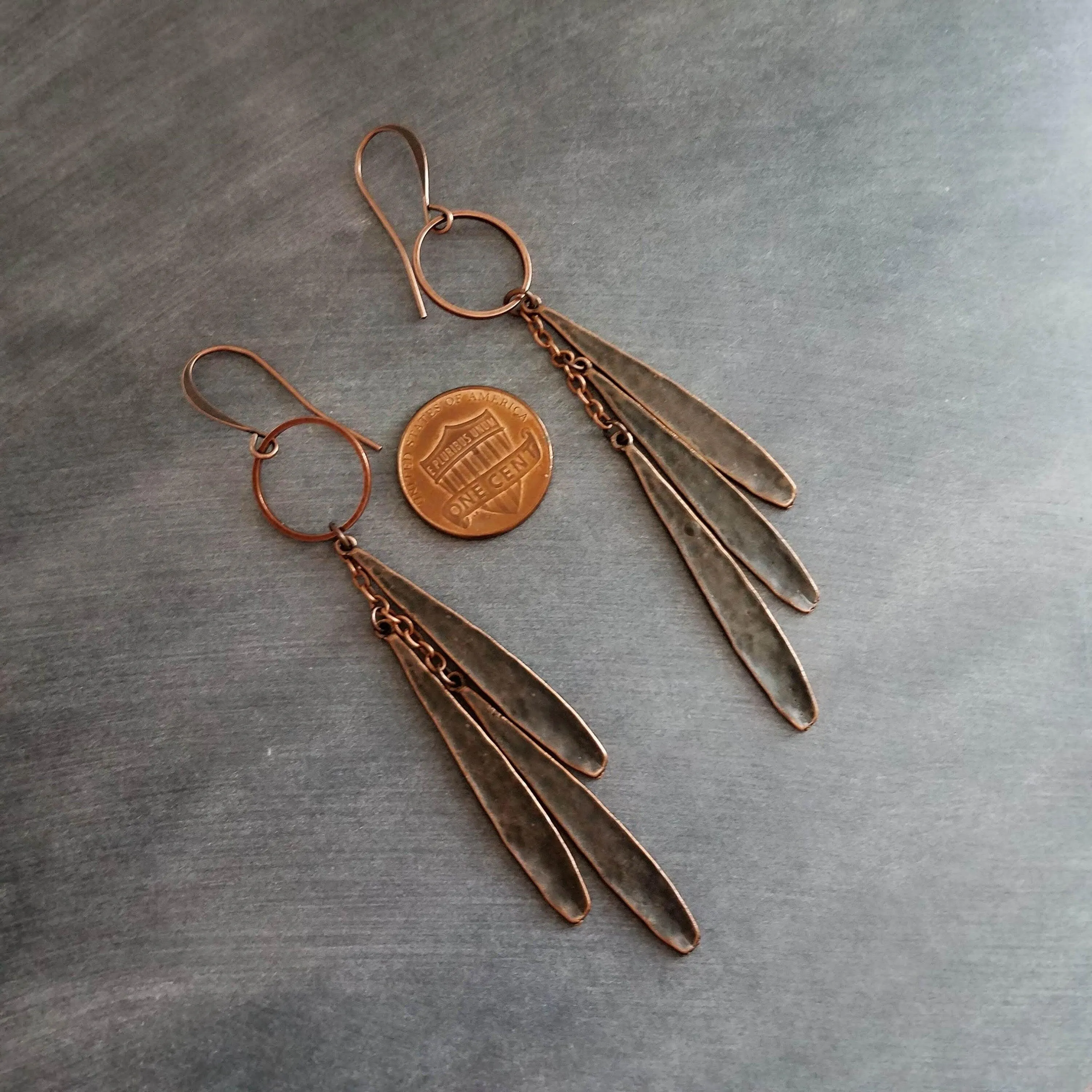 Long Boho Earrings, long copper earring, open circle earrings, 4 inch earrings, extra long earring, tribal dangles, antique copper earrings