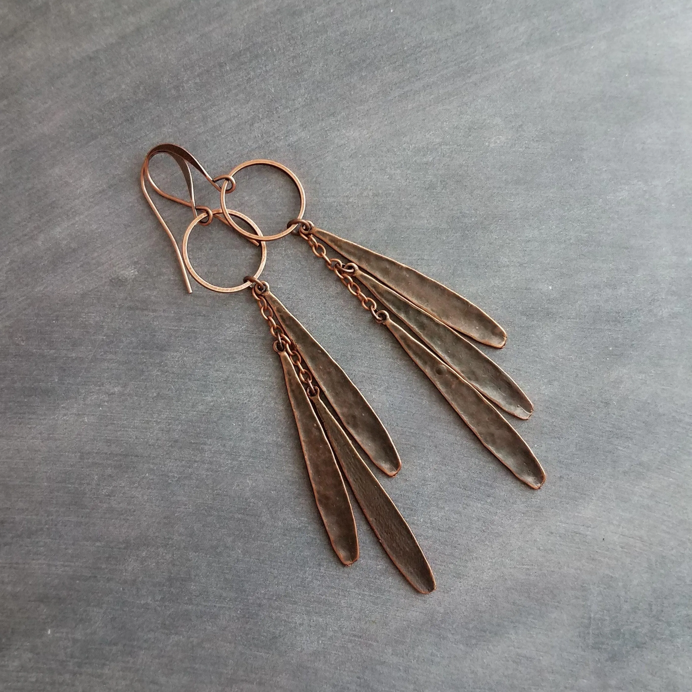 Long Boho Earrings, long copper earring, open circle earrings, 4 inch earrings, extra long earring, tribal dangles, antique copper earrings