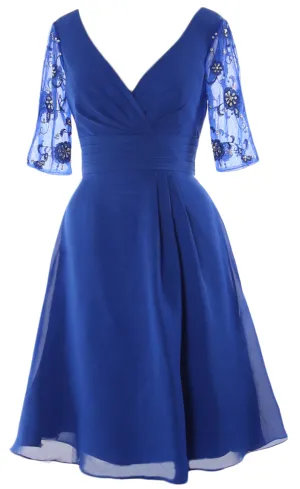 MACloth Mother of Bride Short Dresses Half Sleeves V Neck Cocktail